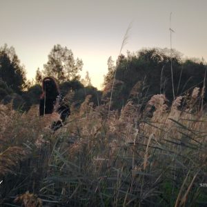 Laceface stands in a reedy marsh. Is she any closer to finding what she's looking for? A still from Laceface's video for Stitch